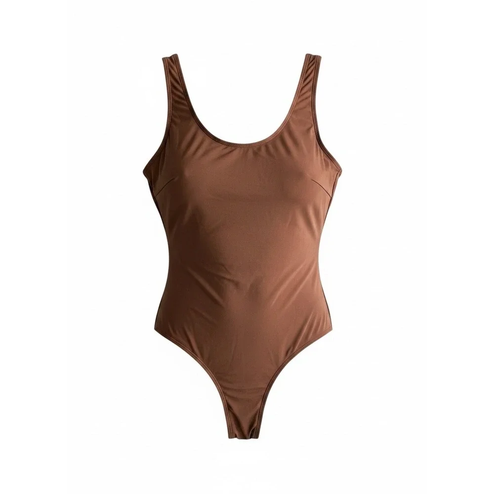 Brown Scoop Neck High Cut One Piece Swimsuit Size 2XL Minimalist Swimwear